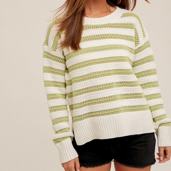NWT Stripe Sweater Hole-Knit with Side Slit Cream and Lime NEW - Picture 1 of 2